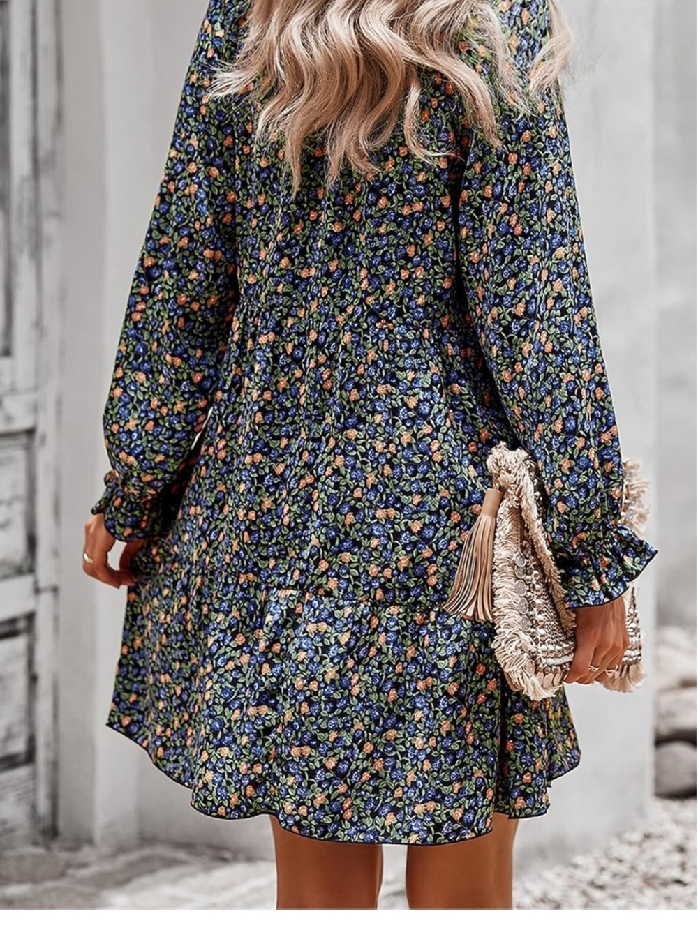 Floral Long Sleeve Mini Dress in Navy Blue - Picture 5 of 6